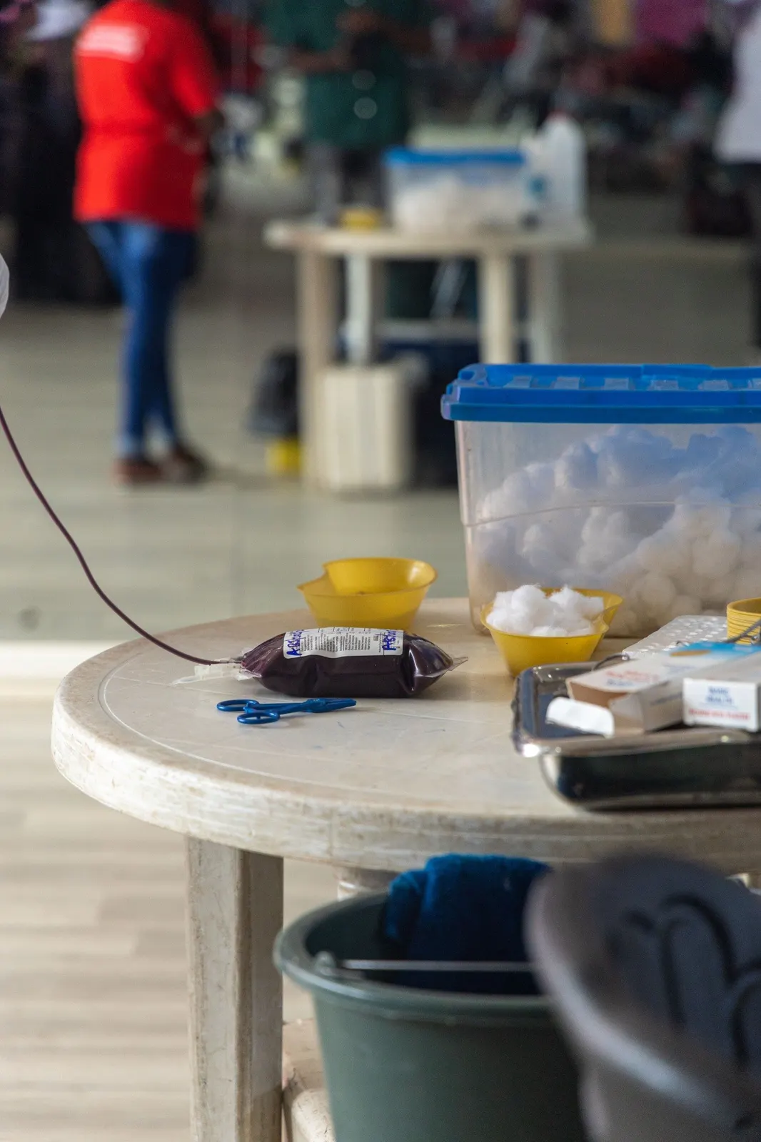 A collected blood bag and donation supplies at the launch-day drive