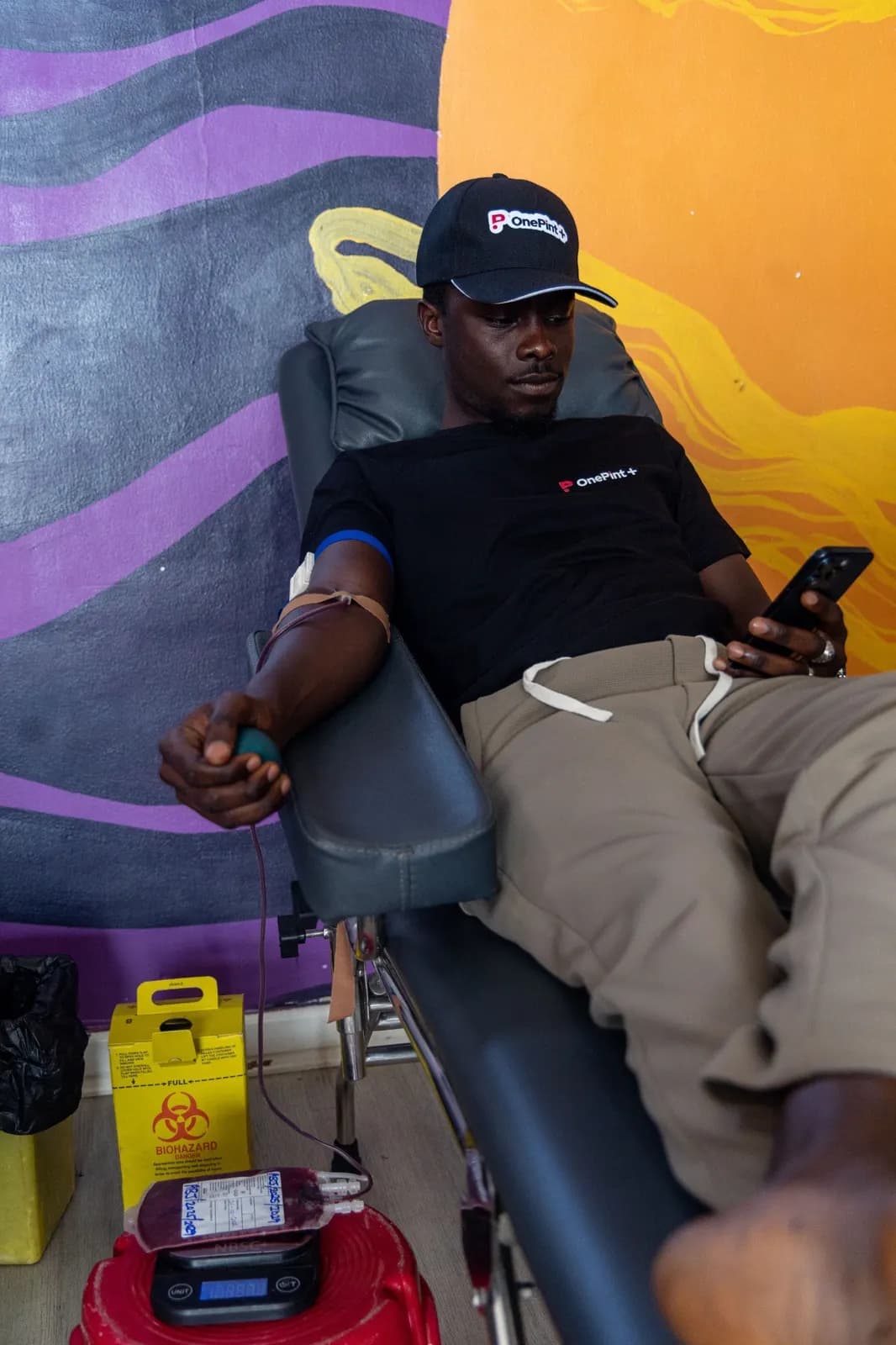 A volunteer donating blood at the OnePint Plus launch drive
